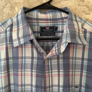 Vineyard Vines Men's Blue and Pink Plaid Shirt